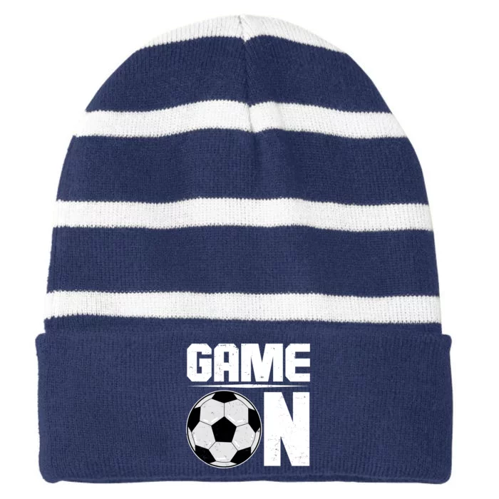 Game On Soccer Fan Striped Beanie with Solid Band