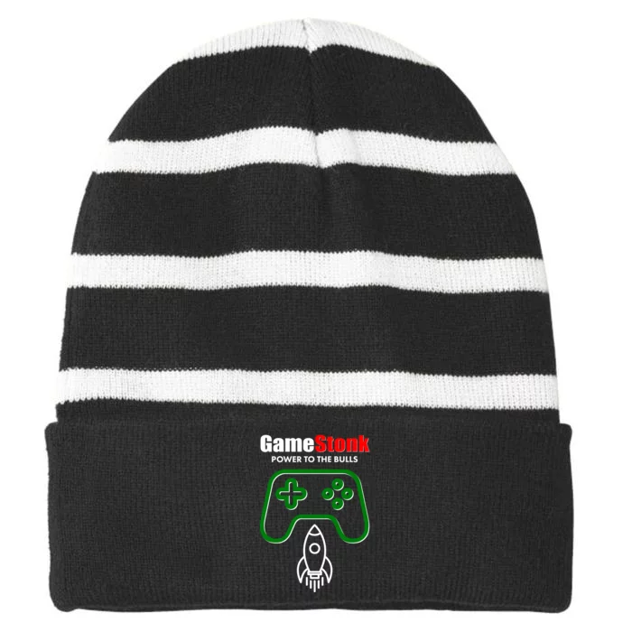 Game Stonk Power To The Bull Game Stop Stock Market Striped Beanie with Solid Band