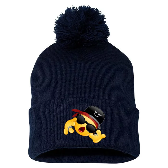 Gangster Emoji Smiley Pom Pom 12in Knit Beanie