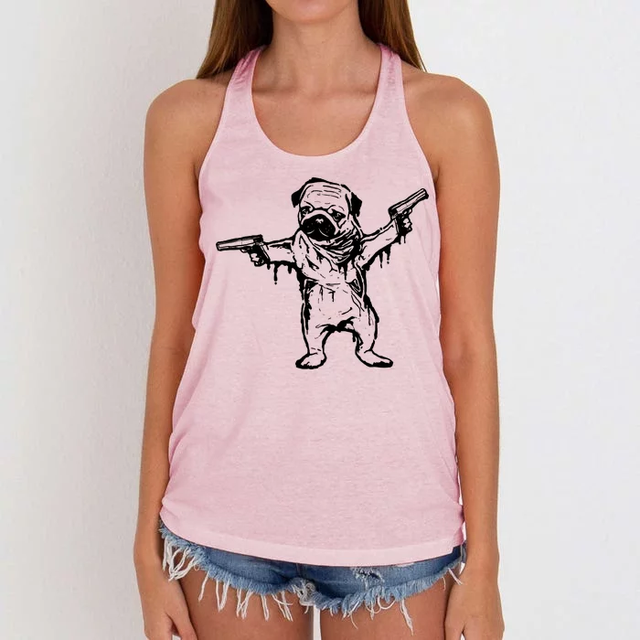 Gangster Pug With Guns Women's Knotted Racerback Tank