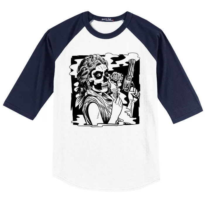 Gun And Roses Skull Girl Baseball Sleeve Shirt