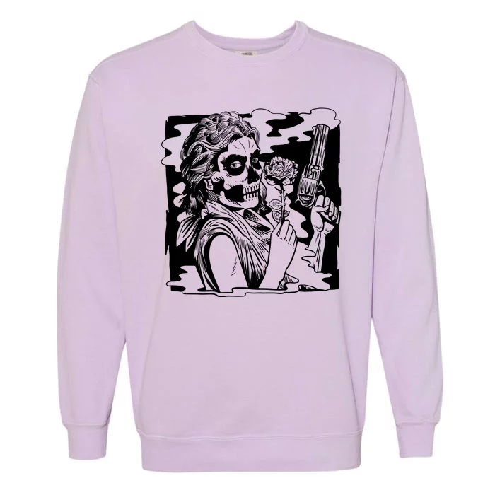 Gun And Roses Skull Girl Garment-Dyed Sweatshirt