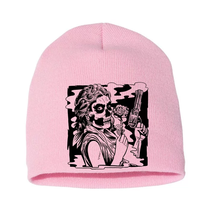 Gun And Roses Skull Girl Short Acrylic Beanie