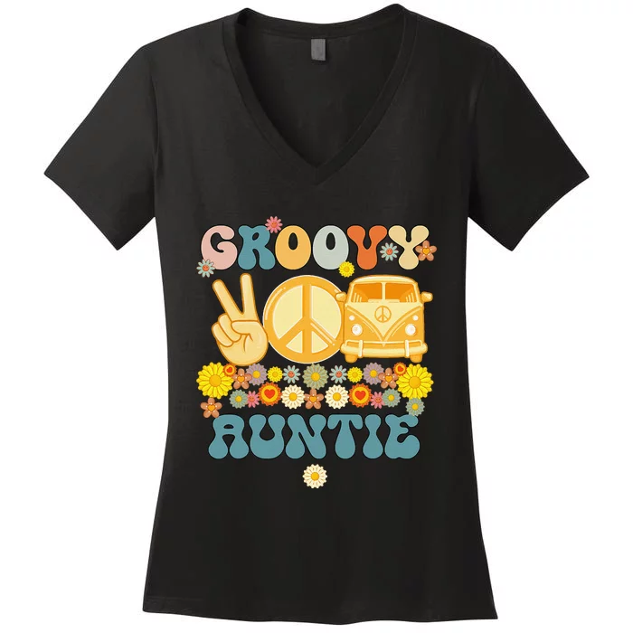 Groovy Auntie Retro Matching Family Baby Shower Mother's Day Women's V-Neck T-Shirt