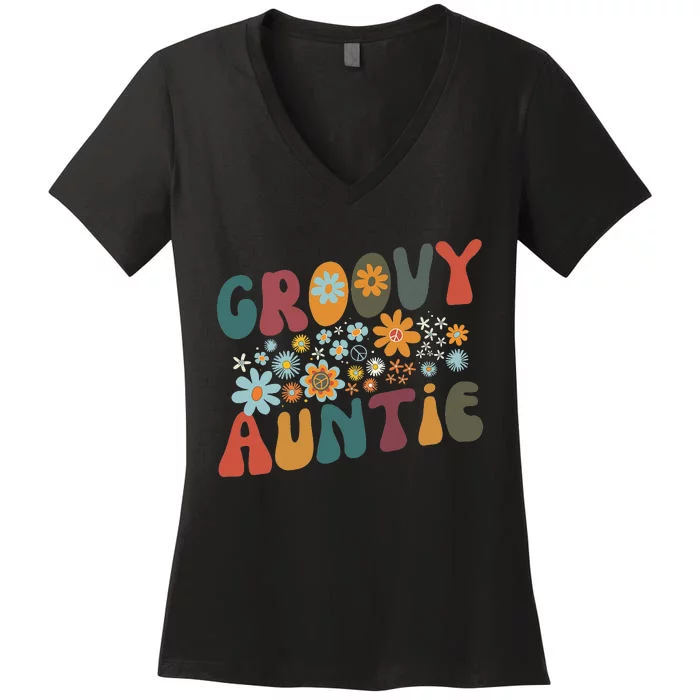 Groovy Auntie Retro Colorful Flowers Design Aunt Women's V-Neck T-Shirt