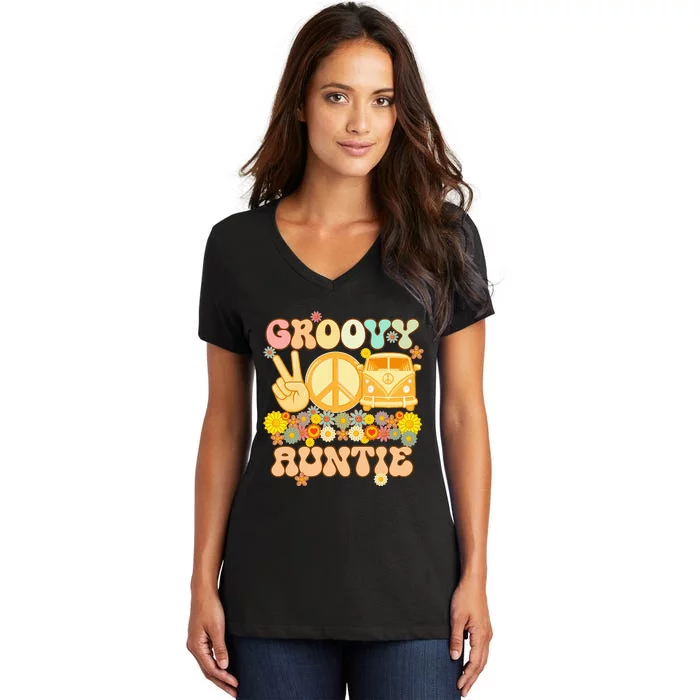 Groovy Auntie Retro Matching Family Baby Shower Mother's Day Women's V-Neck T-Shirt