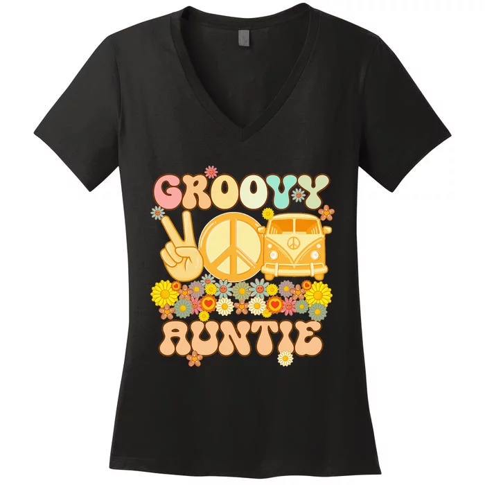 Groovy Auntie Retro Matching Family Baby Shower Mother's Day Women's V-Neck T-Shirt