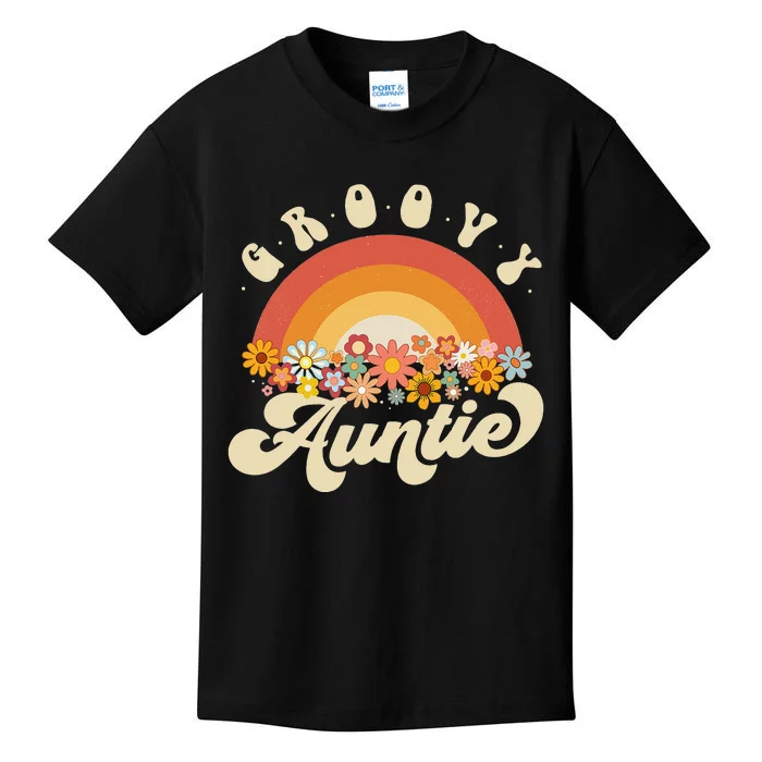 Groovy Auntie Retro Rainbow Colorful Flowers Design Aunt Kids T-Shirt