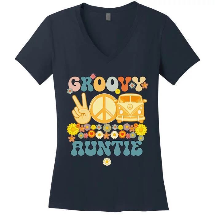 Groovy Auntie Retro Matching Family Baby Shower Mother's Day Women's V-Neck T-Shirt