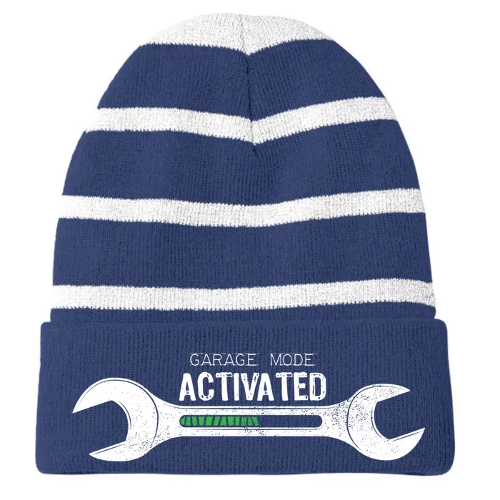 Garage Mode Activated Funny Mechanic Striped Beanie with Solid Band