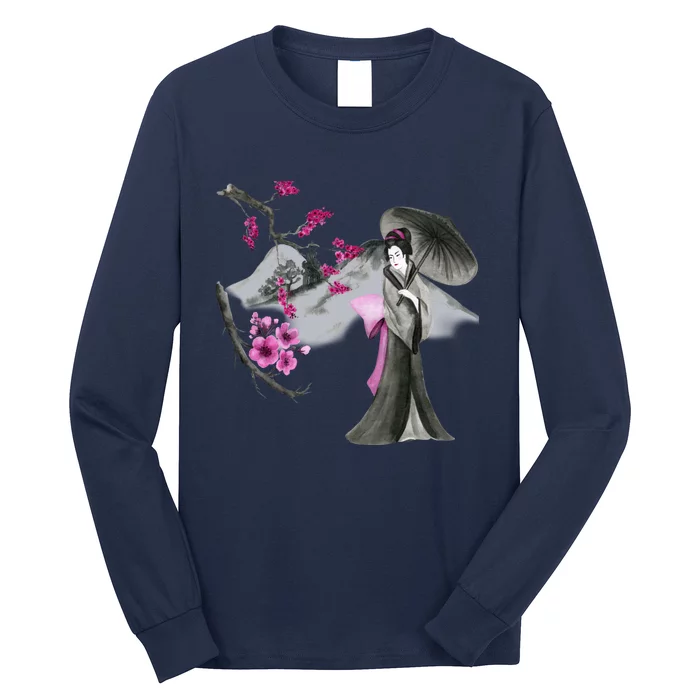 Geisha And Sakura Long Sleeve Shirt