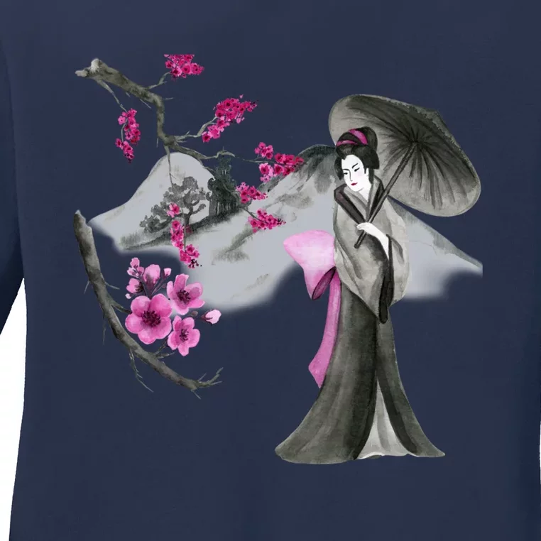 Geisha And Sakura Ladies Long Sleeve Shirt