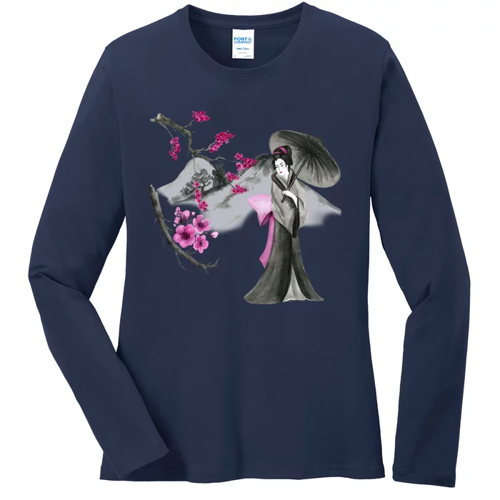 Geisha And Sakura Ladies Long Sleeve Shirt