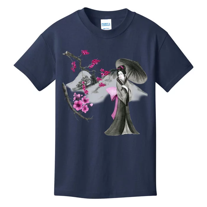 Geisha And Sakura Kids T-Shirt