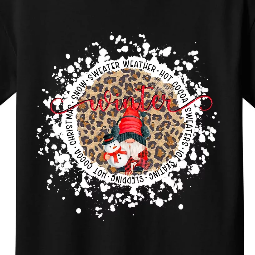 Gnome And Snowman Winter Christmas Leopard Bleached Kids T-Shirt