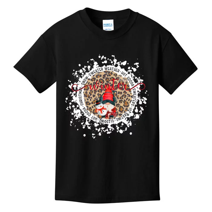 Gnome And Snowman Winter Christmas Leopard Bleached Kids T-Shirt