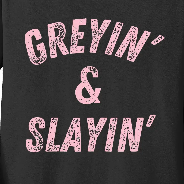 Greyin And Slayin Funny Grey Hair Workout Kids Long Sleeve Shirt