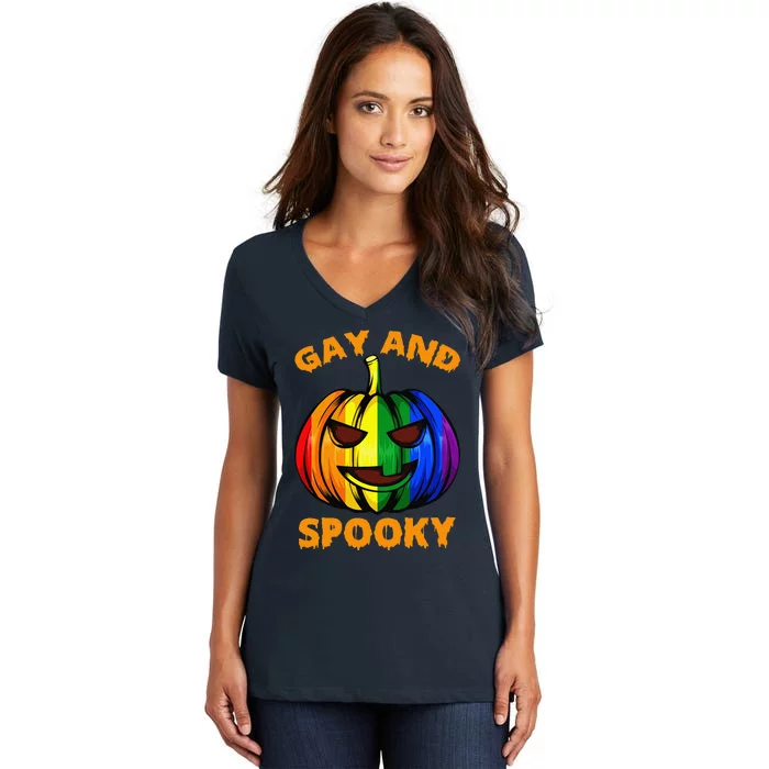 Gay And Spooky Halloween Rainbow Pumpkin LGBTQ+ Gay Lesbian Women's V-Neck T-Shirt