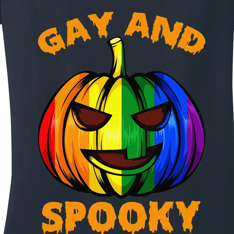 Gay And Spooky Halloween Rainbow Pumpkin LGBTQ+ Gay Lesbian Women's V-Neck T-Shirt