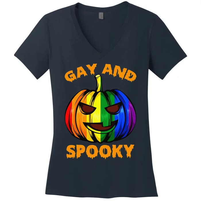 Gay And Spooky Halloween Rainbow Pumpkin LGBTQ+ Gay Lesbian Women's V-Neck T-Shirt