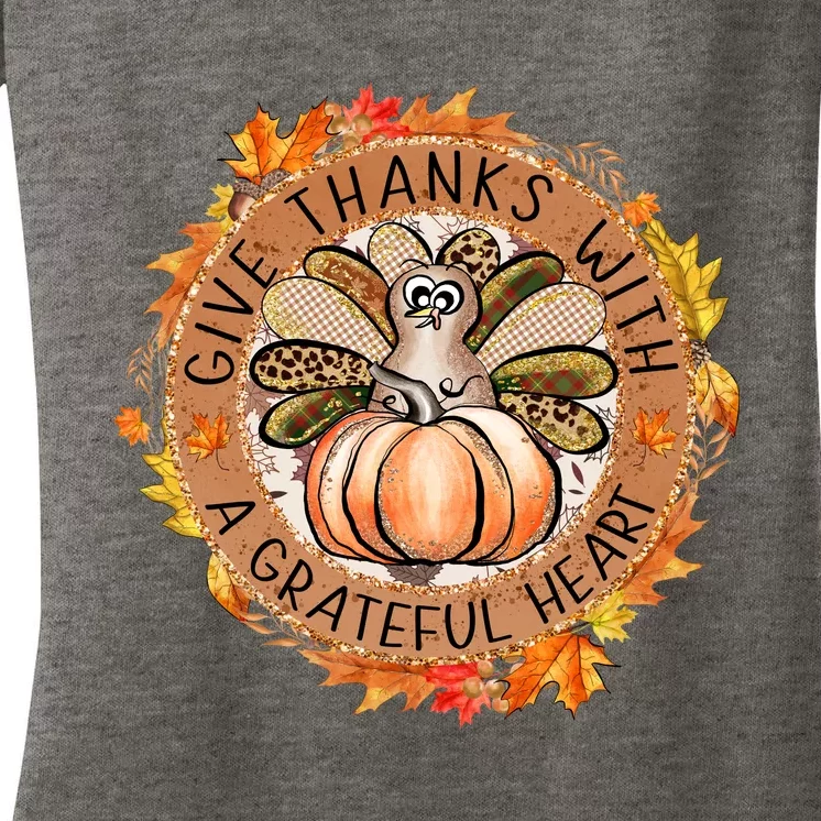 Give A Thanks With Grateful Heart Thanksgiving Thankful Turkey Women's V-Neck T-Shirt