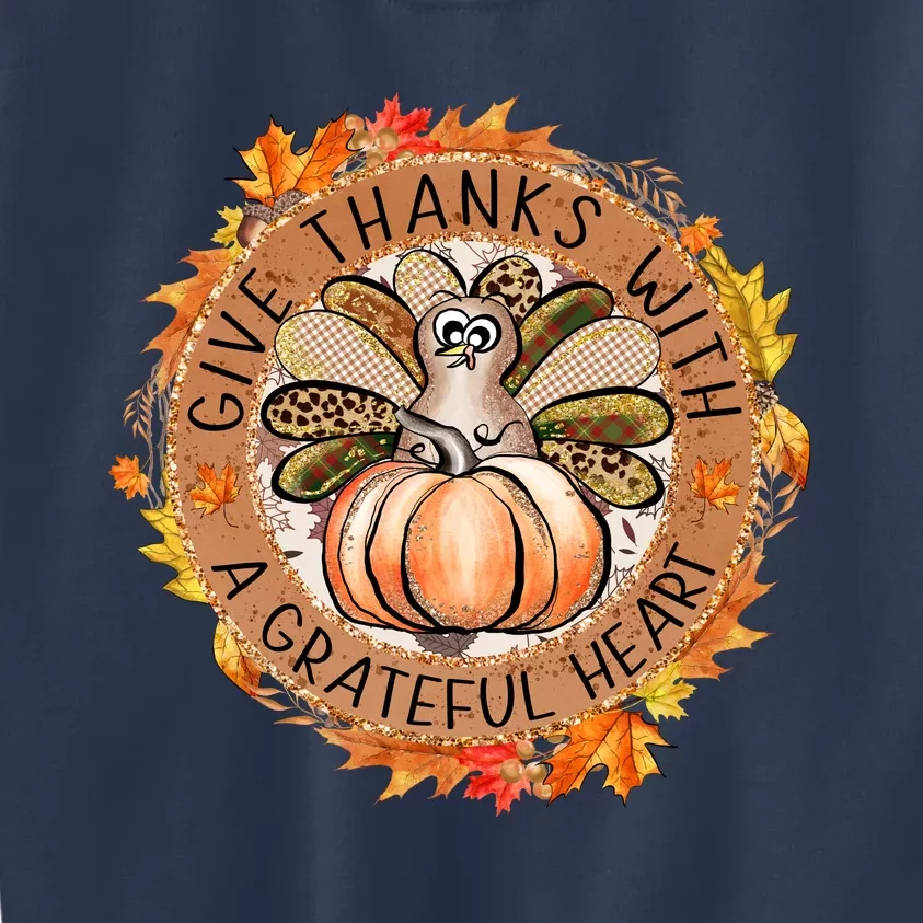 Give A Thanks With Grateful Heart Thanksgiving Thankful Turkey Kids Sweatshirt