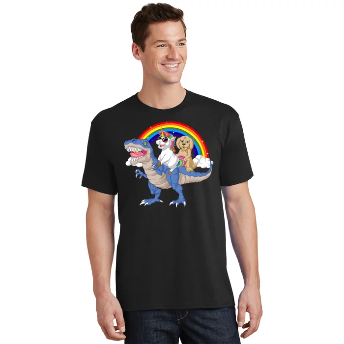 Goldendoodle And Unicorn Riding Dinosaur T-Shirt