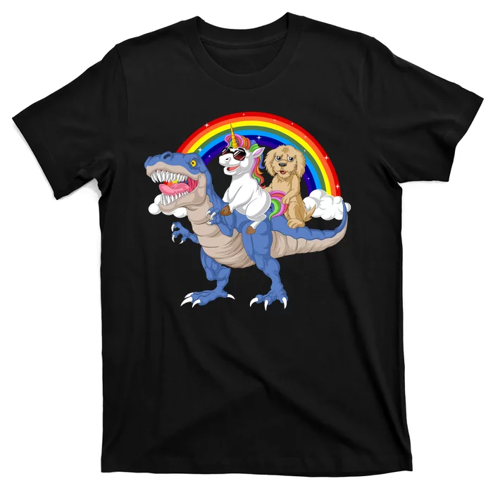 Goldendoodle And Unicorn Riding Dinosaur T-Shirt