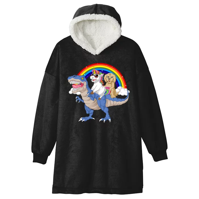 Goldendoodle And Unicorn Riding Dinosaur Hooded Wearable Blanket