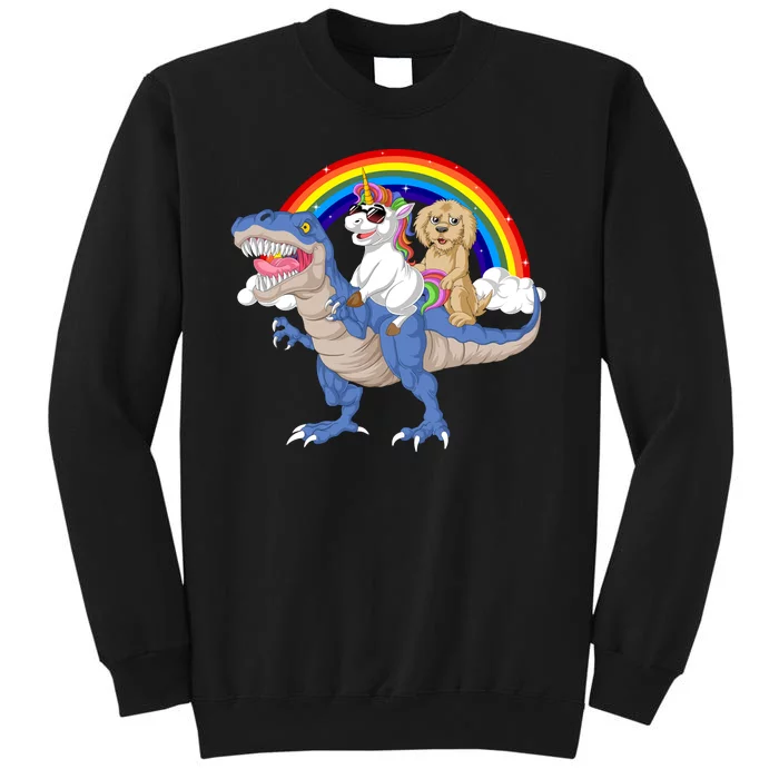 Goldendoodle And Unicorn Riding Dinosaur Tall Sweatshirt