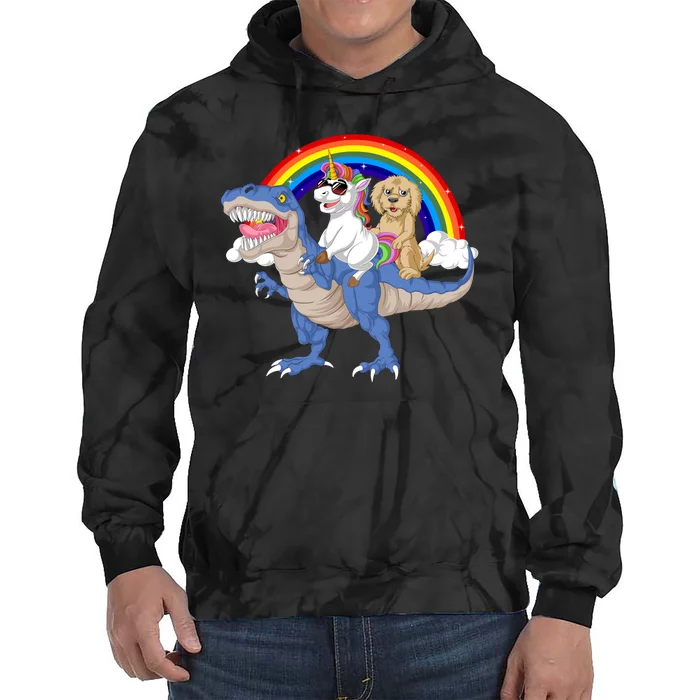 Goldendoodle And Unicorn Riding Dinosaur Tie Dye Hoodie