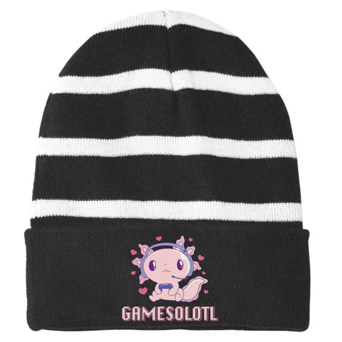 Gamesolotl Axolotl Video Gamer Kawaii Anime Gifts Boys Striped Beanie with Solid Band