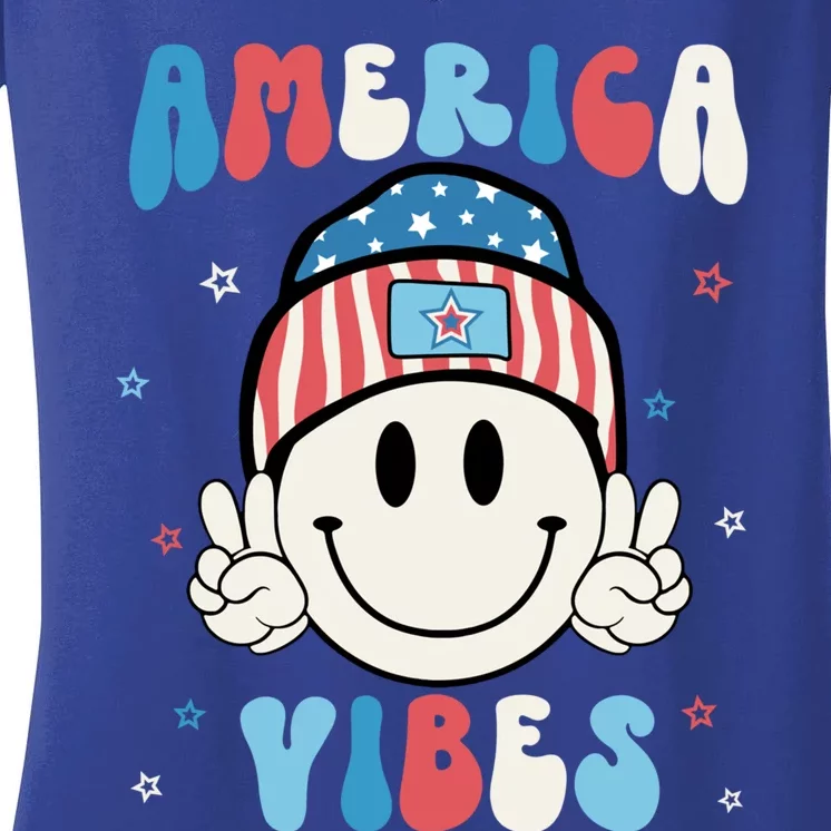 Groovy America Vibes Hippie Usa Flag Hat Freedom 4th Of July Great Gift Women's V-Neck T-Shirt