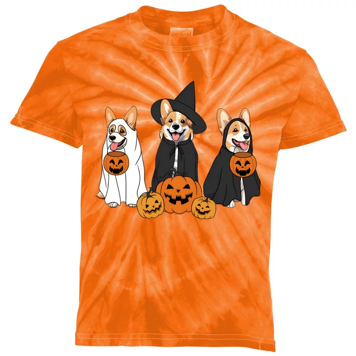 Ghost And Witch Corgi Dog Halloween Dog Lover Kids Tie-Dye T-Shirt