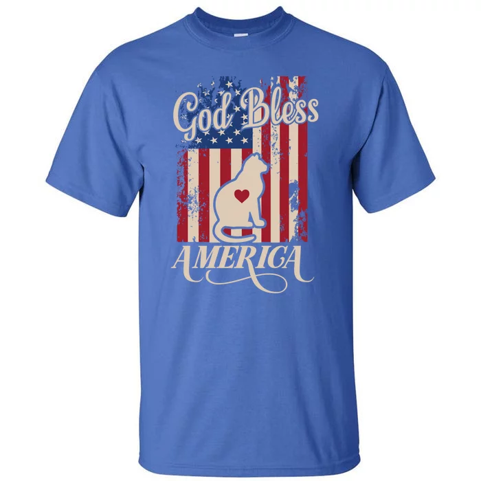 God Bless America Cat American Flag Patriotic Gift Tall T-Shirt