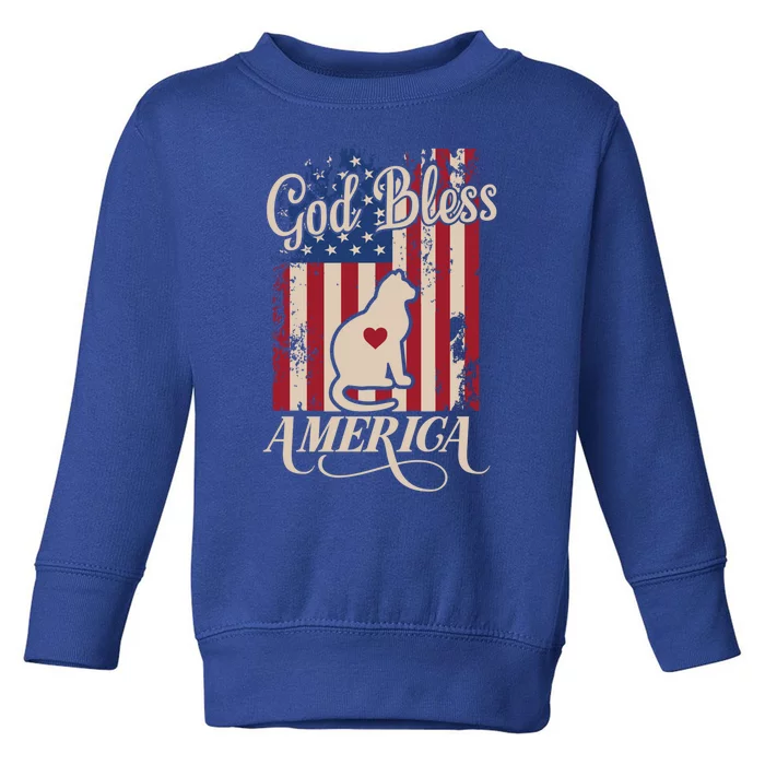 God Bless America Cat American Flag Patriotic Gift Toddler Sweatshirt