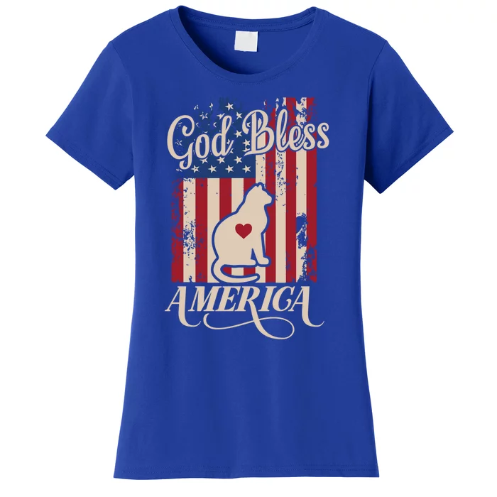 God Bless America Cat American Flag Patriotic Gift Women's T-Shirt