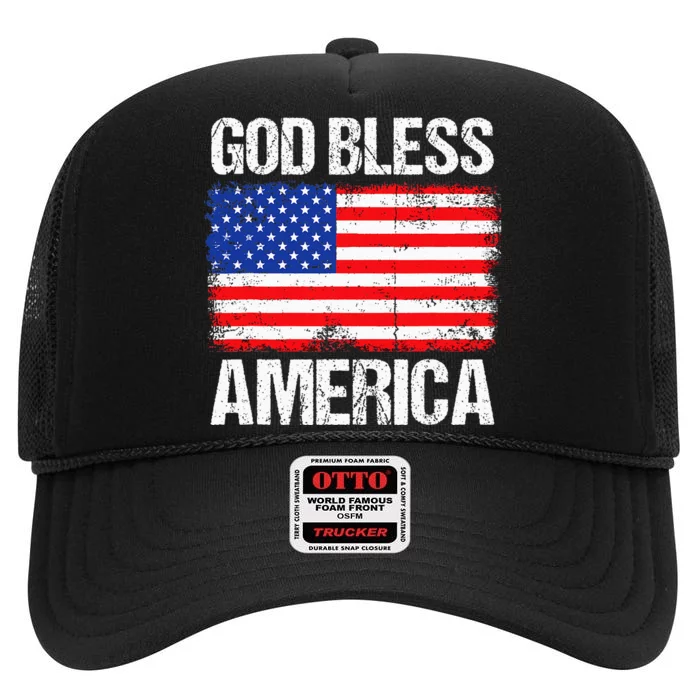 God Bless America Patriotic Happy 4th Of July High Crown Mesh Trucker Hat