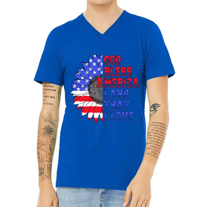 God Bless America Land That I Love American Flag Sunflower Gift V-Neck T-Shirt