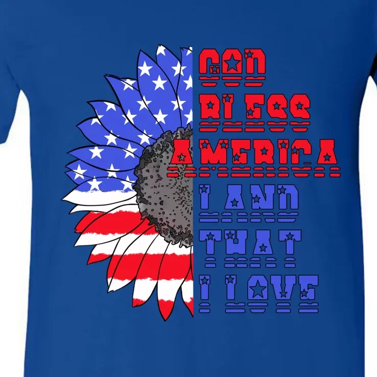 God Bless America Land That I Love American Flag Sunflower Gift V-Neck T-Shirt