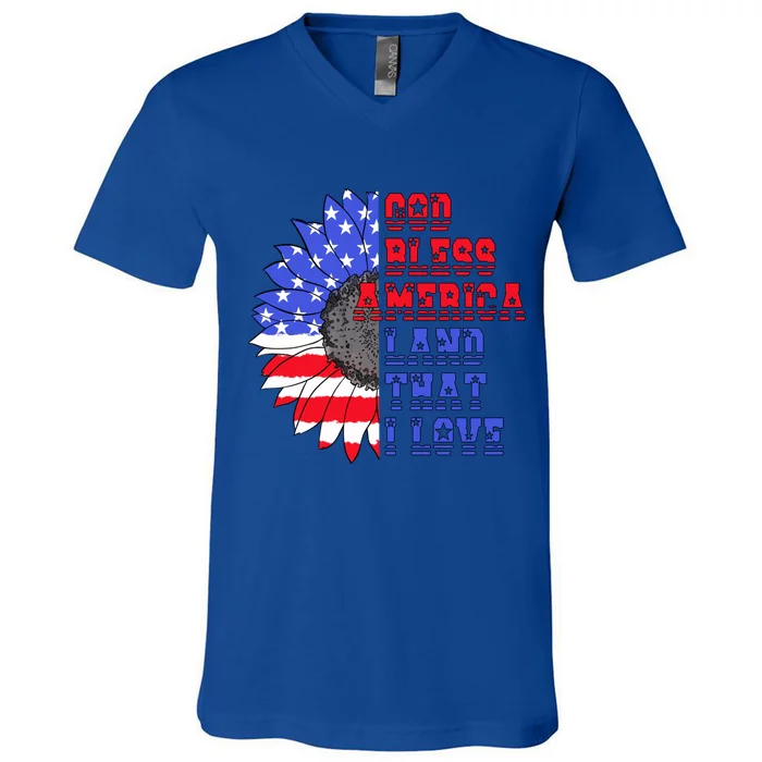 God Bless America Land That I Love American Flag Sunflower Gift V-Neck T-Shirt