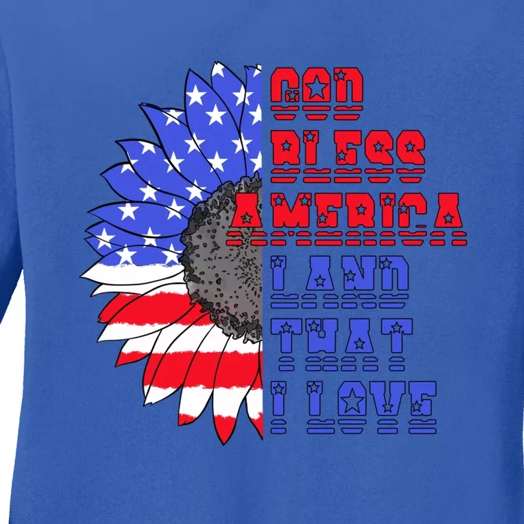 God Bless America Land That I Love American Flag Sunflower Gift Ladies Long Sleeve Shirt