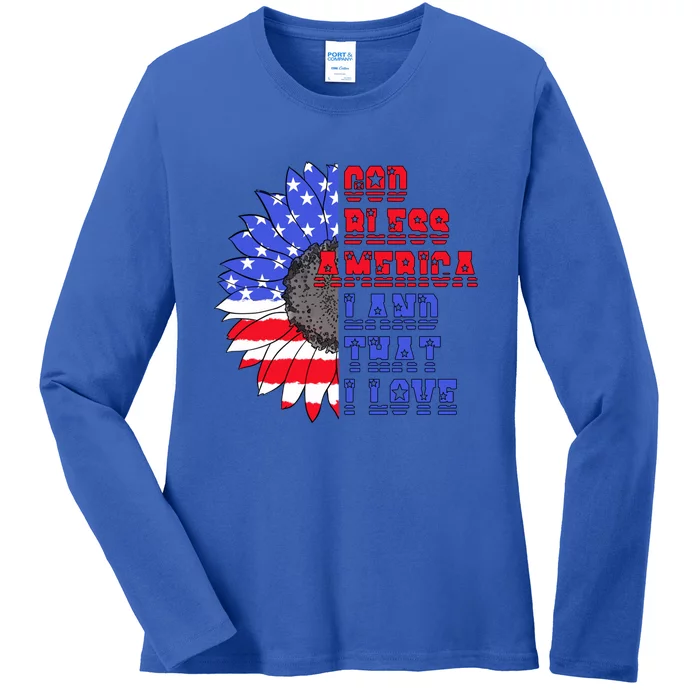 God Bless America Land That I Love American Flag Sunflower Gift Ladies Long Sleeve Shirt