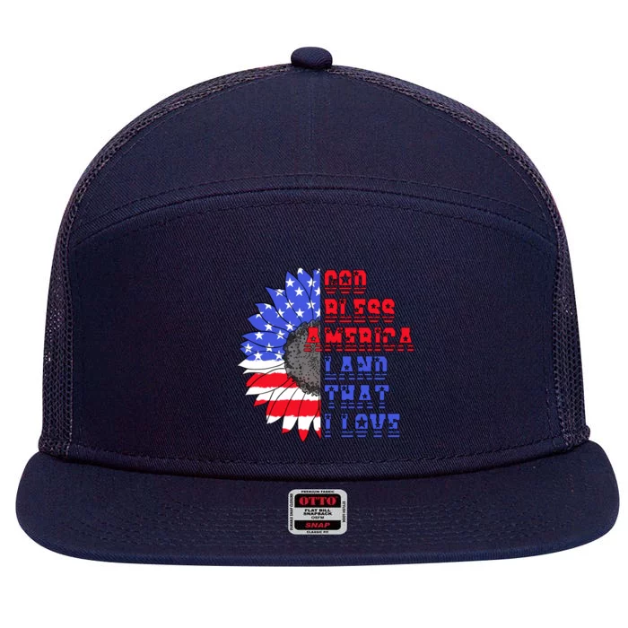 God Bless America Land That I Love American Flag Sunflower Gift 7 Panel Mesh Trucker Snapback Hat