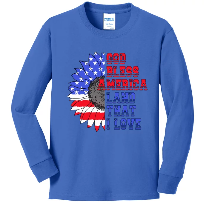 God Bless America Land That I Love American Flag Sunflower Gift Kids Long Sleeve Shirt