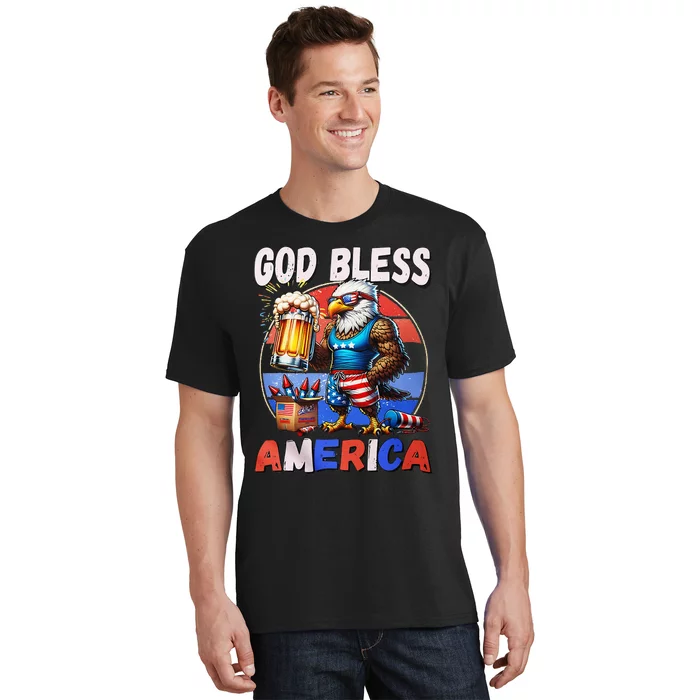 God Bless America Eagle Holding Beer Patriotic T-Shirt