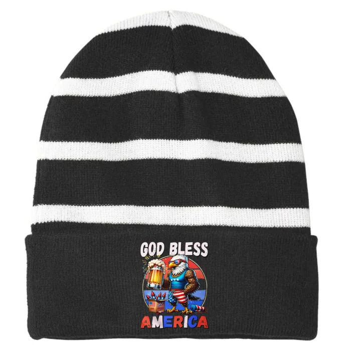 God Bless America Eagle Holding Beer Patriotic Striped Beanie with Solid Band