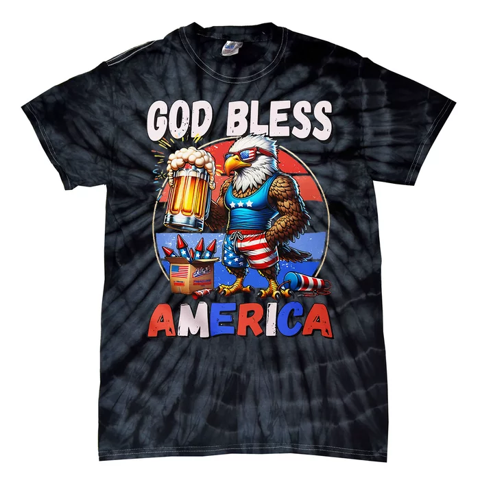 God Bless America Eagle Holding Beer Patriotic Tie-Dye T-Shirt