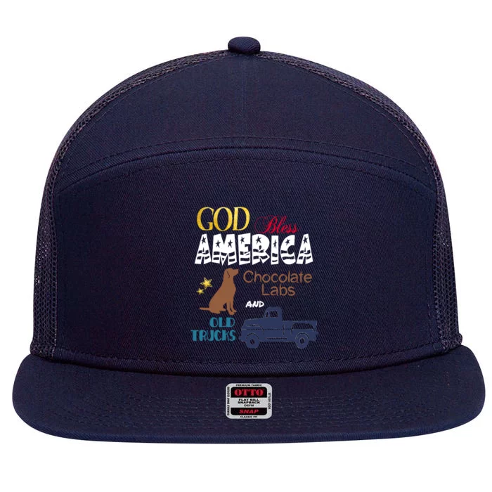 God Bless America Chocolate Labs And Old Trucks Gift 7 Panel Mesh Trucker Snapback Hat