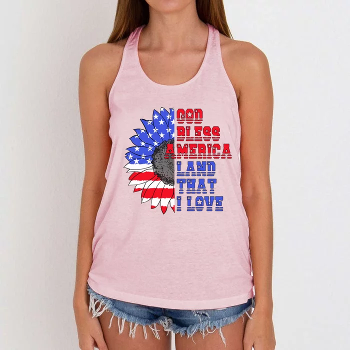 God Bless America Land That I Love American Flag Sunflower Gift Women's Knotted Racerback Tank